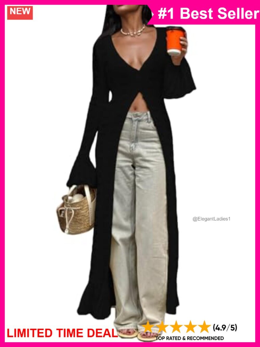Crochet Hollow Out Knit Maxi Cardigan Bell Sleeve Button Down